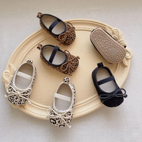 Baby Mädchen Leopardenmuster Mary Jane Lauflernschuhe Wildlederimitat Weiche Sohle Rutschfest Schleife Krabbelschuhe Für Kleinkinder