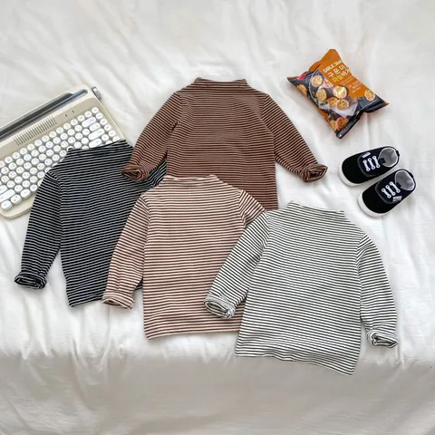 Toddler Baby Striped Long Sleeve T-Shirt Half Turtleneck Cotton Base Layer Top For Boys Girls Spring Autumn