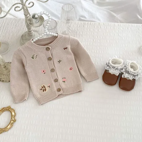 Cardigan en Tricot Brodé de Fleurs pour Bébé Fille 100% Coton Manches Longues Col Rond Pull à Boutons pour Enfants