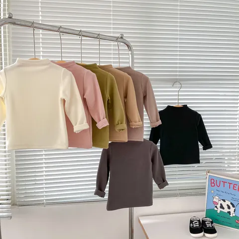 T-Shirt à Manches Longues à Col Montant pour Nourrissons Couleur Unie Doublure Polaire Chaude Base Layer Haut Thermique Doux