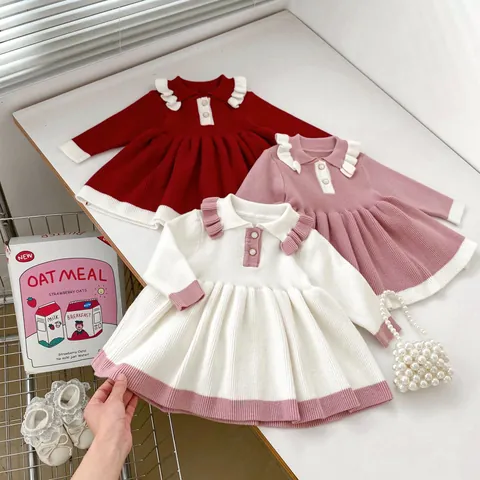 Mädchen Strickkleid Langarm Kontrast Peter-Pan-Kragen Rüschenbesatz Kleinkind Baby Baumwolle Prinzessin A-Linie Partykleid