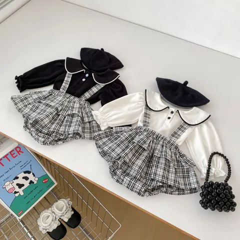 Baby Girls Vintage Plaid Two Piece Clothing Set Peter Pan Collar Long Sleeve Blouse And Plaid Suspender Pinafore Outfit For Toddler