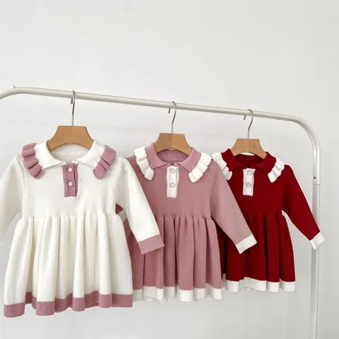 Mädchen Strickkleid Langarm Kontrast Peter-Pan-Kragen Rüschenbesatz Kleinkind Baby Baumwolle Prinzessin A-Linie Partykleid