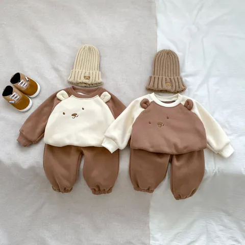 Ensemble de Sweat-shirt Pull-over en Polaire d'Hiver pour Bébé Ours Mignon Avec Oreilles 3D Haut à Manches Longues et Pantalon