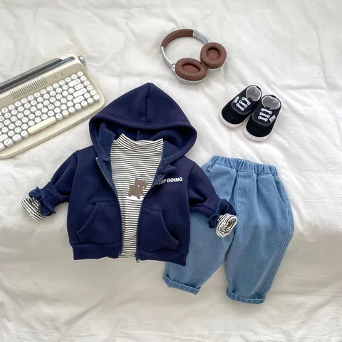 Chaqueta con Capucha Forrada de Felpa para Niños Pequeños Invierno Estampado de Letras Sudadera con Cremallera Gruesa Cálida Ropa de Abrigo Abrigo Casual para Niños