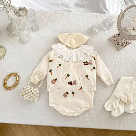 Baby Knitted Romper Clothes Cute Rabbit Carrot Embroidery Cotton Infant Long Sleeve Cardigan And Bodysuit Fashion Outfit