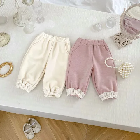 Toddler Girls Fleece Lined Winter Pants Lace Ruffle Hem Solid Color Ribbed Warm Leggings Elastic Waist Casual Bottoms