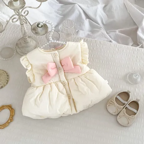 Gilet Imbottito con Orecchie da Coniglio per Neonata Trapuntato Ispessito Caldo Autunno Inverno Fiocco Rosa Collo con Volant Vestiti per Bambini