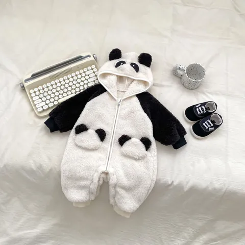 Baby Peuter Winter Panda Romper met Capuchon Fleece Sherpa Warme Lange Mouw Jumpsuit Voor Baby Jongens Meisjes Dagelijkse Casual Kleding