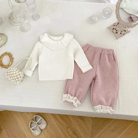 Toddler Girls Fleece Lined Winter Pants Lace Ruffle Hem Solid Color Ribbed Warm Leggings Elastic Waist Casual Bottoms