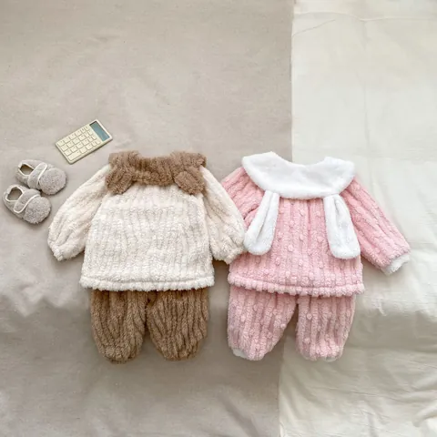 Simpatico Set Pigiama per Bambini Cartone Animato Orso Coniglio Autunno Inverno Foderato in Pile Caldo Cardigan da Casa Due Pezzi
