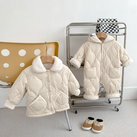 Mameluco Acolchado Cálido de Invierno para Bebé Mono con Capucha Forrado de Vellón Sherpa Celosía de Diamante Ropa de Abrigo con Botones a Presión