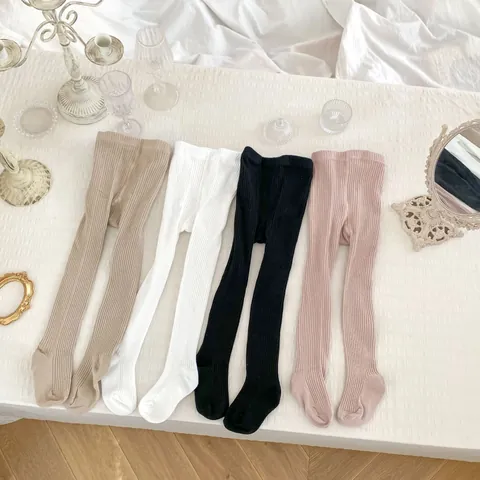 Kleinkind Mädchen Rippenstrick Steghosen Hohe Taille Gekämmte Baumwolle Einfarbig Elastische Strumpfhosen Für Baby Herbst