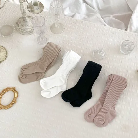 Kleinkind Mädchen Rippenstrick Steghosen Hohe Taille Gekämmte Baumwolle Einfarbig Elastische Strumpfhosen Für Baby Herbst