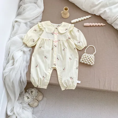 Grenouillère Douce pour Bébé Fille en Coton Broderie Florale Tenue Haut et Pantalon Col en Dentelle Nœud Bonnet en Maille