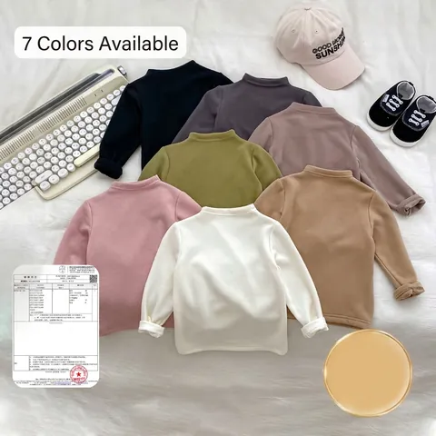 T-Shirt à Manches Longues à Col Montant pour Nourrissons Couleur Unie Doublure Polaire Chaude Base Layer Haut Thermique Doux