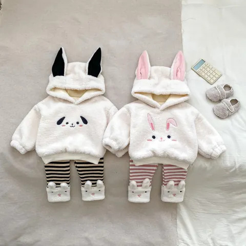 Infant Winter Fleece Set Cute Cartoon Hooded Top And Striped Pants Toddler Warm Thickened Clothing For Boys Girls