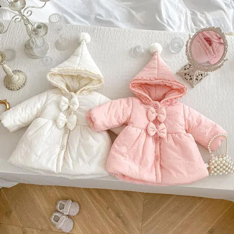 Cappotto Imbottito Invernale Per Neonata Con Cappuccio Foderato In Pile Giacca Ispessita Con Fiocco Pompon Abbigliamento Caldo Da Principessa