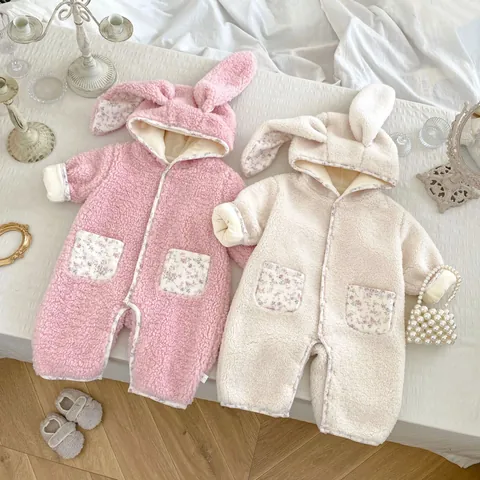 Winter Infant Sherpa Fleece Hooded Romper Cute Bunny Ears Floral Trim Thickened Warm Baby Girls One Piece Jumpsuit Outfit