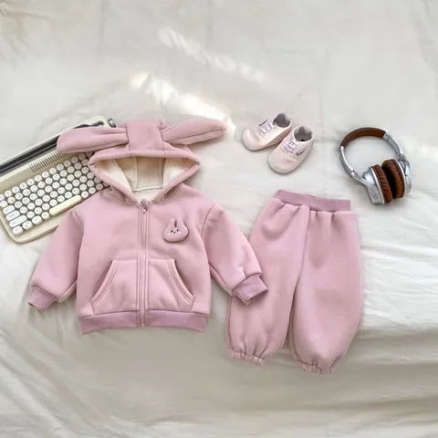 Peuter Baby Meisje Winter Outfit Konijnenoren Jas Met Capuchon En Fleece Gevoerde Warme Broek Katoenen Casual Kledingset