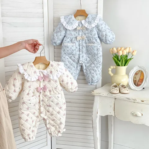 Baby Girl Floral Quilted Romper Fleece Lined Lace Peter Pan Collar Bowknot Warm Jumpsuit Winter Newborn Toddler Clothing