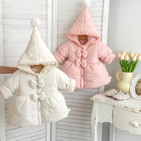 Cappotto Imbottito Invernale Per Neonata Con Cappuccio Foderato In Pile Giacca Ispessita Con Fiocco Pompon Abbigliamento Caldo Da Principessa