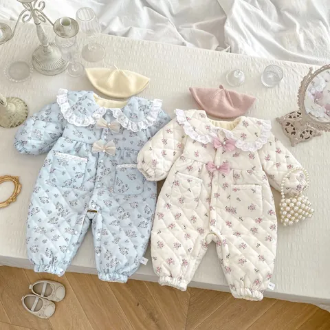 Baby Girl Floral Quilted Romper Fleece Lined Lace Peter Pan Collar Bowknot Warm Jumpsuit Winter Newborn Toddler Clothing