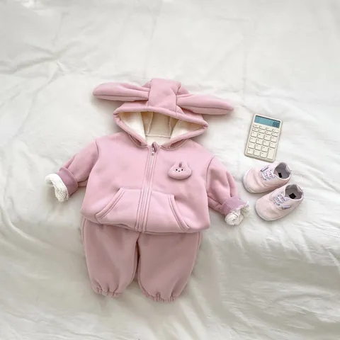 Peuter Baby Meisje Winter Outfit Konijnenoren Jas Met Capuchon En Fleece Gevoerde Warme Broek Katoenen Casual Kledingset