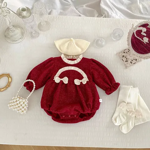 Baby Girl Fleece Lined Romper Chenille Metallic Yarn Bow Ruffle Sleeve Jumpsuit Birthday Christmas Sweet Princess Outfit