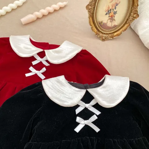 Baby Girl Velvet Romper Winter Fleece Lined Bow Peter Pan Collar Long Sleeve Jumpsuit For New Year Party