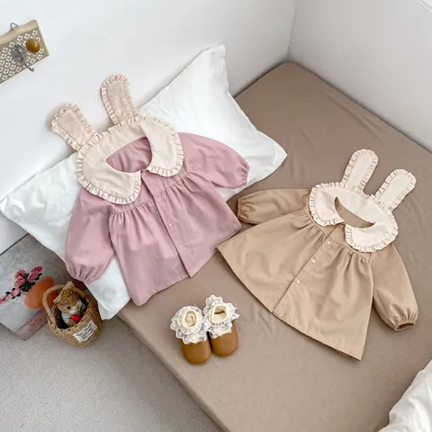 Cute Toddler Girls Rabbit Ears Ruffle Lapel Cardigan Long Sleeve Jacket Solid Color Spring Outerwear For Baby Girls