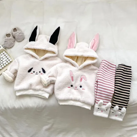 Infant Winter Fleece Set Cute Cartoon Hooded Top And Striped Pants Toddler Warm Thickened Clothing For Boys Girls