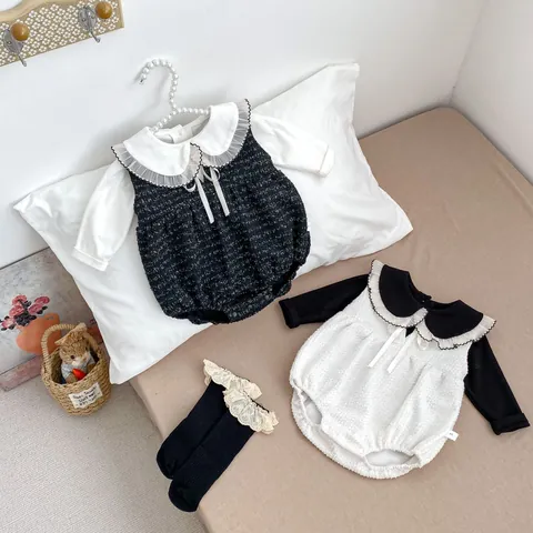 Baby Girls French Style Tweed Bodysuit Peter Pan Collar Lace Long Sleeve Shirt Infant Spring Autumn Sweet Apparel Set