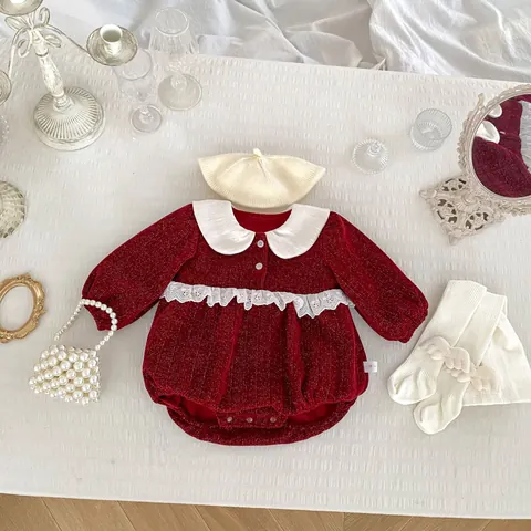 Infant Baby Girls Red Glitter Chenille Romper Long Sleeve Peter Pan Collar Fleece Lined Winter Jumpsuit Toddler Party Outfit