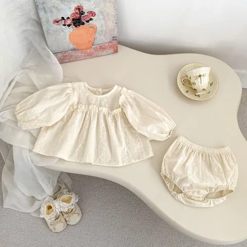 Toddler Girl Flower Embroidery Two Piece Set Long Sleeve Shirt And Bloomers 100% Cotton Spring Autumn Baby Clothing Outfit