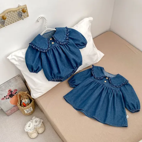 Baby Girls Cotton Denim Romper And Dress With Ruffle Collar Long Sleeve Toddler Infant Spring Autumn Casual Jumpsuit Outfit