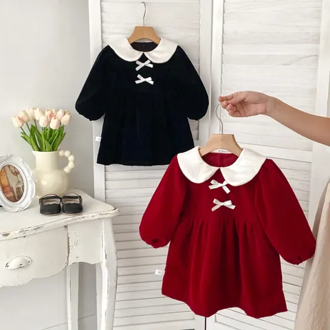 Girls Vintage Velvet Princess Dress With Peter Pan Collar And Bows Fleece Lined Long Sleeve Winter Holiday Party Dress