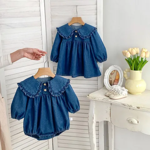 Baby Girls Cotton Denim Romper And Dress With Ruffle Collar Long Sleeve Toddler Infant Spring Autumn Casual Jumpsuit Outfit