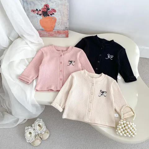 Baby Meisjes Ribgebreide Top En Uitlopende Broek Met Strik Borduurwerk Parels Vest Katoenmix Ruche Broek