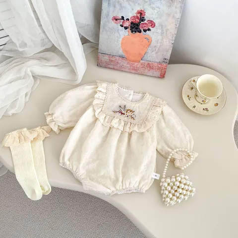 Elegant Baby Girl Floral Embroidery Long Sleeve Romper Sweet Ruffle Lace Cotton Jumpsuit For Infant Toddler Birthday Party Outfit