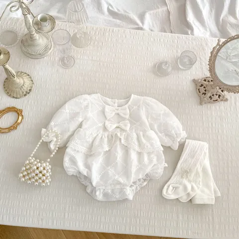 Baby Girls Long Sleeve Romper Jumpsuit With Bow Floral Embroidery Lace Trim Sweet Cotton Polyester Bodysuit Infant Toddler