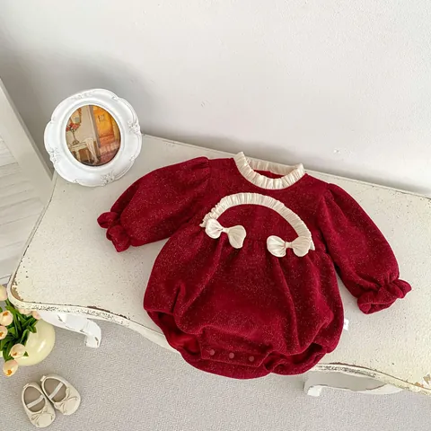 Baby Girl Fleece Lined Romper Chenille Metallic Yarn Bow Ruffle Sleeve Jumpsuit Birthday Christmas Sweet Princess Outfit