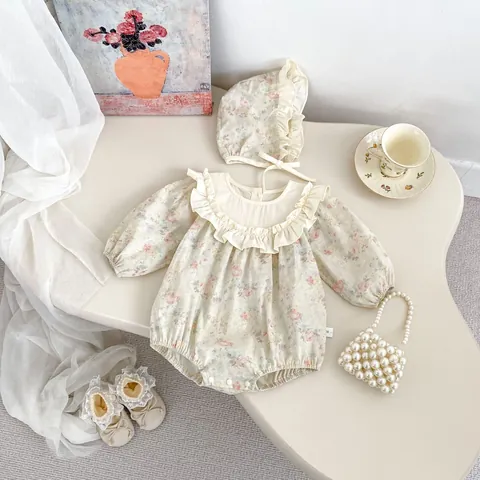 Pelele Vintage Floral para Bebé Niña Con Sombrero a Juego Algodón Manga Larga Body Con Volantes Ropa de Primavera