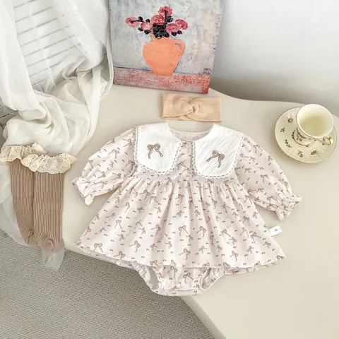 Sweet Baby Girls Bow Embroidery Romper Dress Lace Peter Pan Collar Long Sleeve Cotton Jumpsuit For Infant Toddler Birthday Party