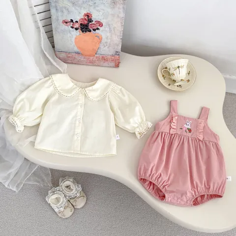 Baby Mädchen Süß Hase Stickerei Strampler Und Spitze Peter Pan Kragen Hemd Säugling Frühling Herbst Baumwolle Outfit