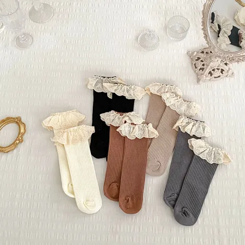 Kids Girls Lace Ruffle Ribbed Mid Tube Socks Vintage Sweet Princess Combed Cotton Solid Color Lolita Hosiery 0-4 Years