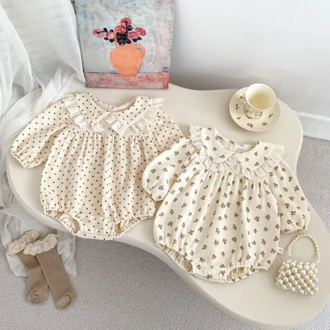 Baby Girls Cotton Long Sleeve Romper Sweet Lace Peter Pan Collar Floral Polka Dot Bodysuit Vintage Spring Autumn Jumpsuit