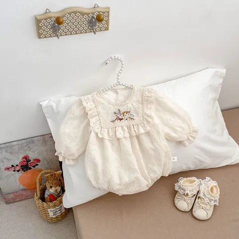 Elegant Baby Girl Floral Embroidery Long Sleeve Romper Sweet Ruffle Lace Cotton Jumpsuit For Infant Toddler Birthday Party Outfit