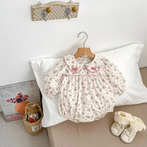 Baby Girls Sweet Floral Long Sleeve Bodysuit 100% Cotton Peter Pan Collar Romper For Infants Newborn Outfits Spring Clothes
