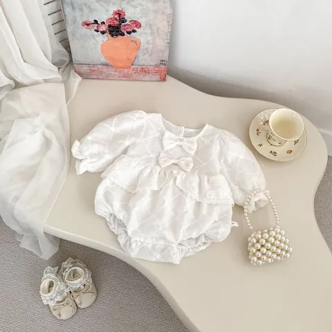Baby Girls Long Sleeve Romper Jumpsuit With Bow Floral Embroidery Lace Trim Sweet Cotton Polyester Bodysuit Infant Toddler
